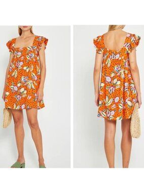 Tropical Print Orange Ruffle Sleeve Mini Dress By Kourt Large